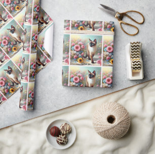 Beautiful Siamese Cat and Flowers Wrapping Paper