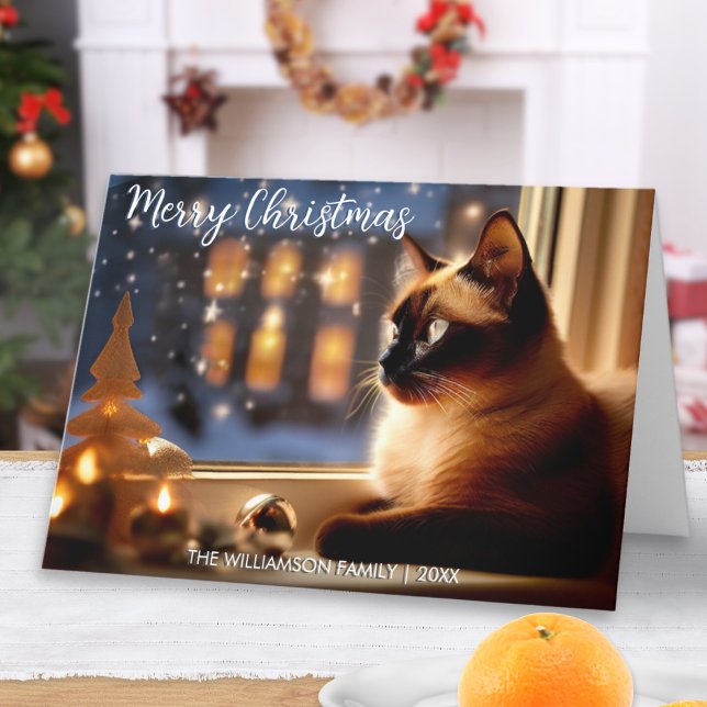 Beautiful Siamese Cat by Window Festive Christmas Holiday Card (An elegant Christmas card with picture of a Siamese cat looking out of the window at snow and lights)