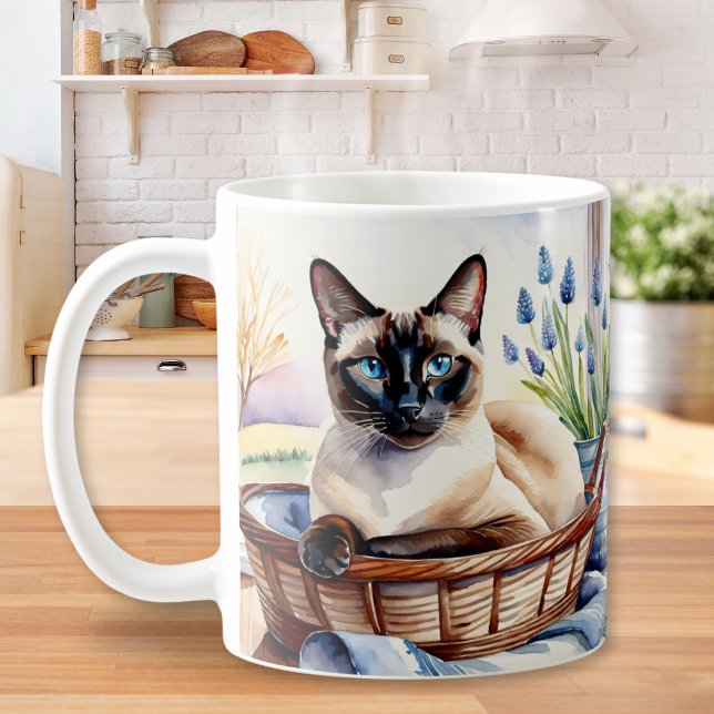 Beautiful Siamese Cat Pet Breed Elegant Art Feline Coffee Mug (A mug with Siamese cat illustration on both sides. The cat has blue eyes and is in a wicker basket)