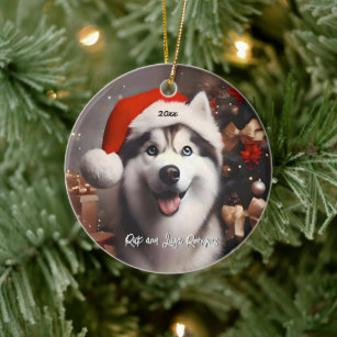 Beautiful Siberian Husky with Santa Hat Ceramic Ornament