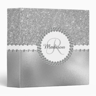 Beautiful Silver Glitter Diamonds Monogram Binder