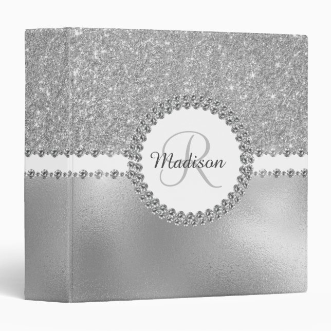 Beautiful Silver Glitter Diamonds Monogram Binder (Front/Spine)