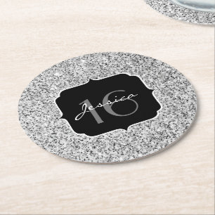 Beautiful Silver glitter sparkles Sweet 16 Round Paper Coaster