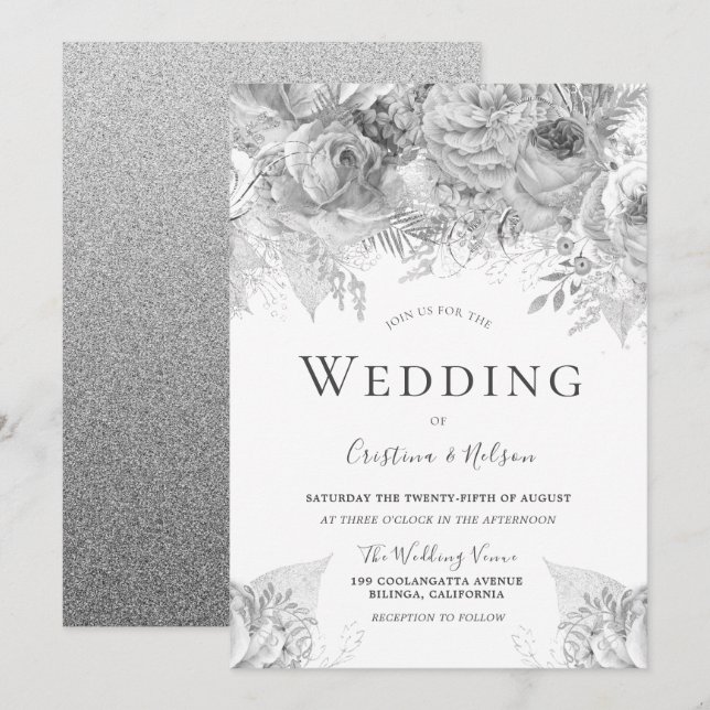 Beautiful Silver Grey Flowers Elegant Wedding Invitation (Front/Back)