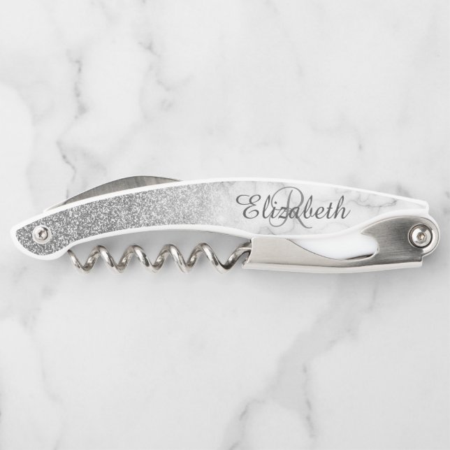Beautiful Silver Marble Monogram Ombre Glitter Corkscrew (Back)