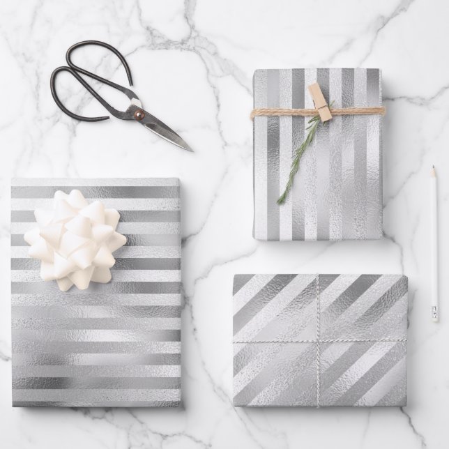 Beautiful Silver Striped Wedding  Wrapping Paper Sheet (Front)
