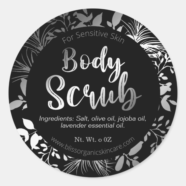 Beautiful Silver Twigs on Black Body Scrub Spa Classic Round Sticker (Front)
