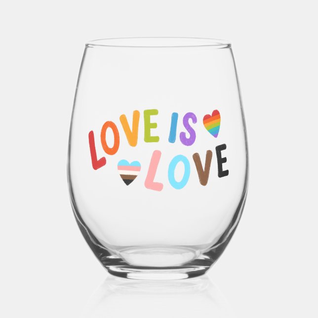 Beautiful Simple Minimal Love Is Love Pride Stemless Wine Glass (Front)