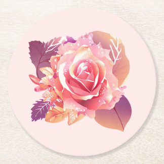 Beautiful Single Pink Rose Round Paper Coaster
