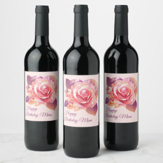 Beautiful Single Pink Rose Wine Label