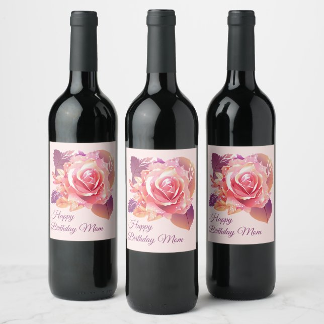 Beautiful Single Pink Rose Wine Label (Bottles)