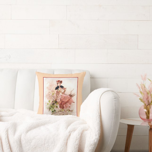 Beautiful Sitting Victorian Lady In Hat Throw Pillow (Couch)