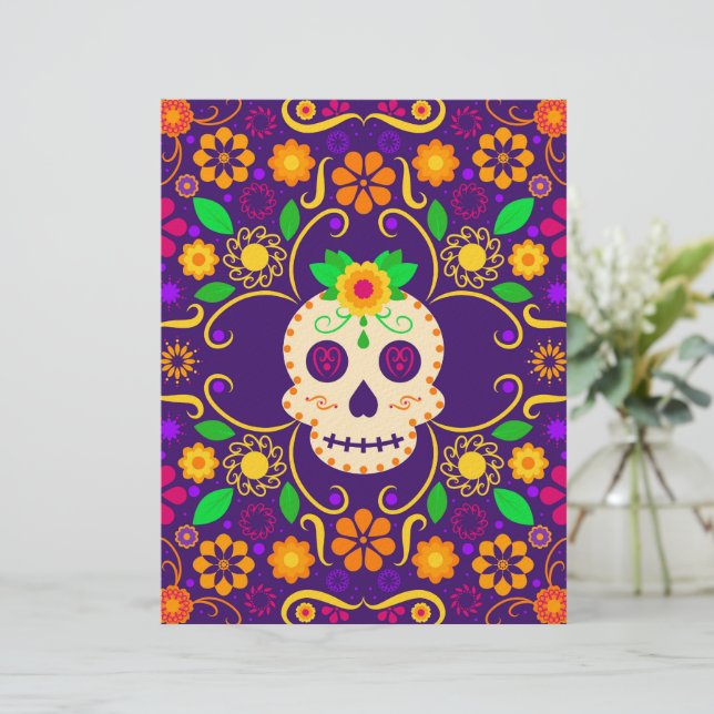 Beautiful Skull with Flowers Día de los Muertos Letterhead (Standing Front)