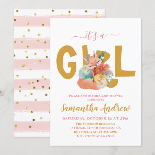 Beautiful Sleepy Fox Simple Baby Girl Shower Invitation