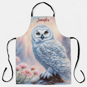 Beautiful Snow Owl, pink flowers. Editable name Apron