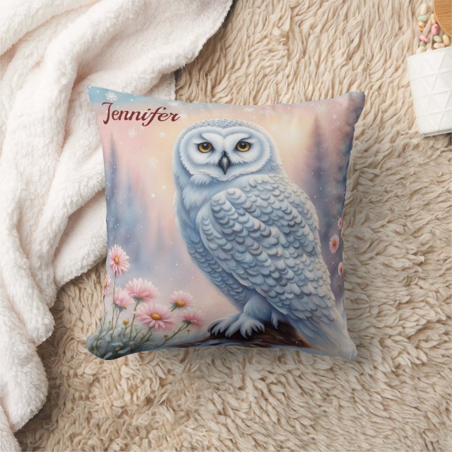 Beautiful Snow Owl, pink flowers. Editable name Throw Pillow (Blanket)