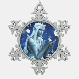 Beautiful Snow Queen Snowflake Pewter Christmas Ornament