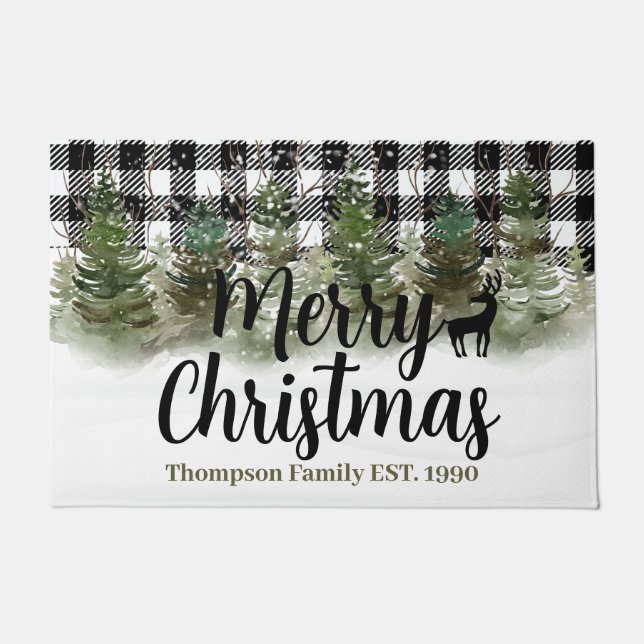 Beautiful snowfall winter season buffalo plaid doormat (Front)