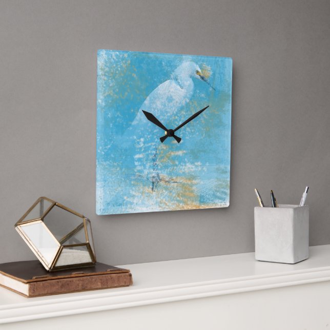 Beautiful Snowy Egret Art Square Wall Clock (Office)