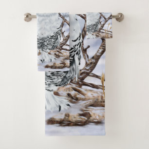 Beautiful Snowy Owl in Snow Print Bath Towel Set