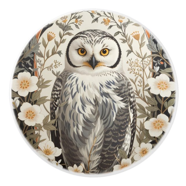 Beautiful Snowy Owl William Morris Inspired Ceramic Knob (Front)
