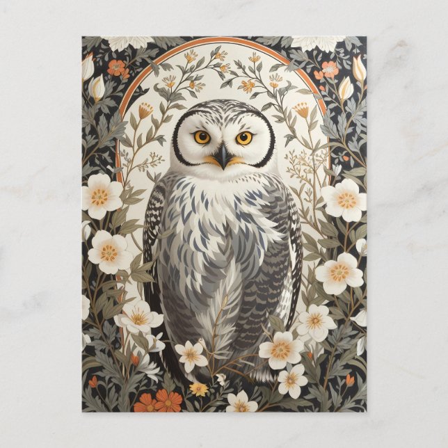 Beautiful Snowy Owl William Morris Inspired Postcard (Front)