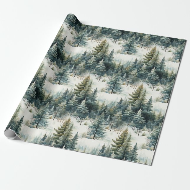 Beautiful Snowy Pine Forest Christmas Wrapping Paper (Unrolled)