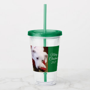 Beautiful Snowy White Puppy Dog Green Christmas Acrylic Tumbler