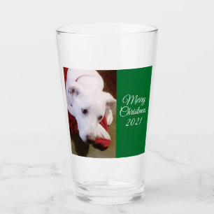 Beautiful Snowy White Puppy Dog Green Christmas Glass
