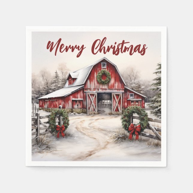 Beautiful Snowy Winter Rustic Red Barn Christmas Napkin (Front)