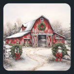 Beautiful Snowy Winter Rustic Red Barn Christmas Square Sticker<br><div class="desc">Beautiful Snowy Winter Rustic Red Barn Christmas Square Stickers</div>
