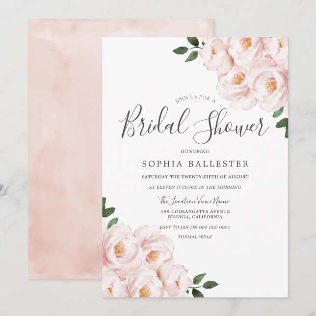 Beautiful Soft Blush Pink Flowers Bridal Shower Invitation (Front/Back)