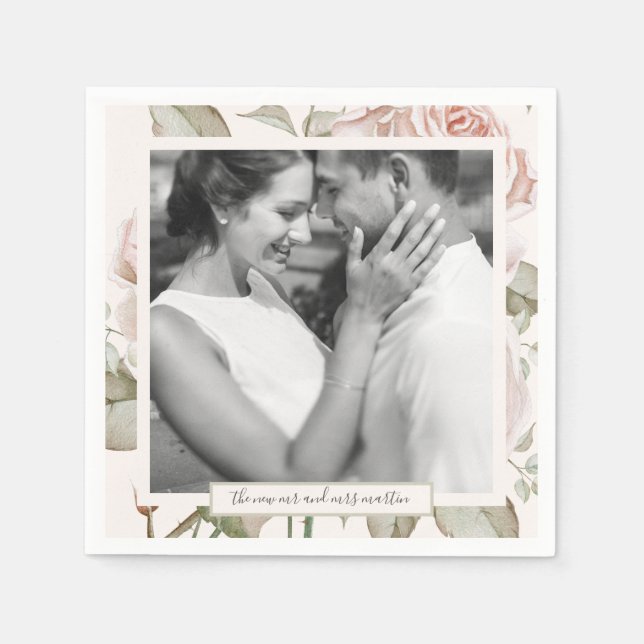 Beautiful Soft Peach Roses with Photo Wedding Napkin (Front)