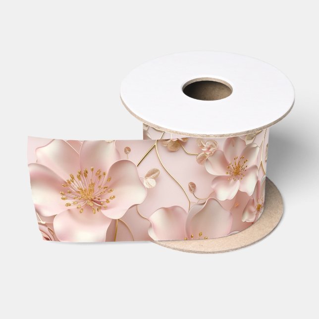 Beautiful Soft Pink Pastel Floral Satin Ribbon (Spool)