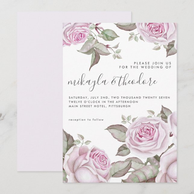 Beautiful Soft Purple Watercolor Roses Wedding Invitation (Front/Back)