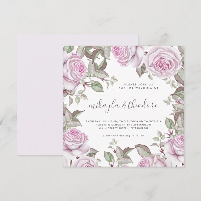 Beautiful Soft Purple Watercolor Roses Wedding Invitation (Front/Back)