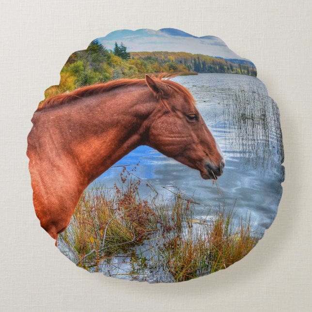 Beautiful Sorrel Mare & Lake View Equine Photo 2 Round Pillow (Front)