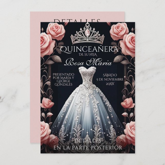 Beautiful Spanish Quinceañera Rose Invitation (Front/Back)