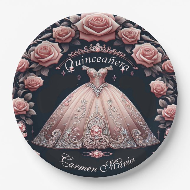 Beautiful Spanish Quinceañera Rose Paper Plate (Front)