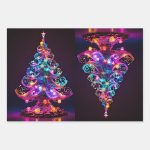 Beautiful Sparkling Neon Christmas Tree Holiday Wrapping Paper Sheet