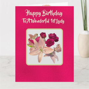 Beautiful Sparkling Pink Rose 1st Lady Birthday Card