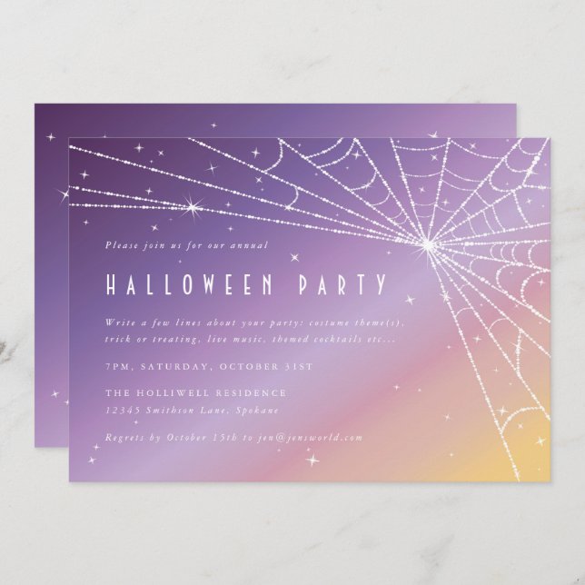 Beautiful Sparkling Spider Web Halloween Party Invitation (Front/Back)