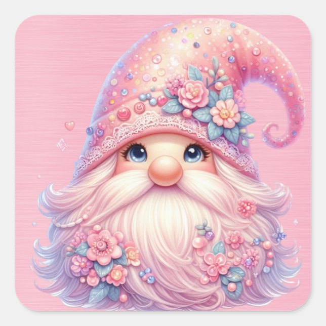 Beautiful Sparkly Pink Gnome Square Sticker (Front)