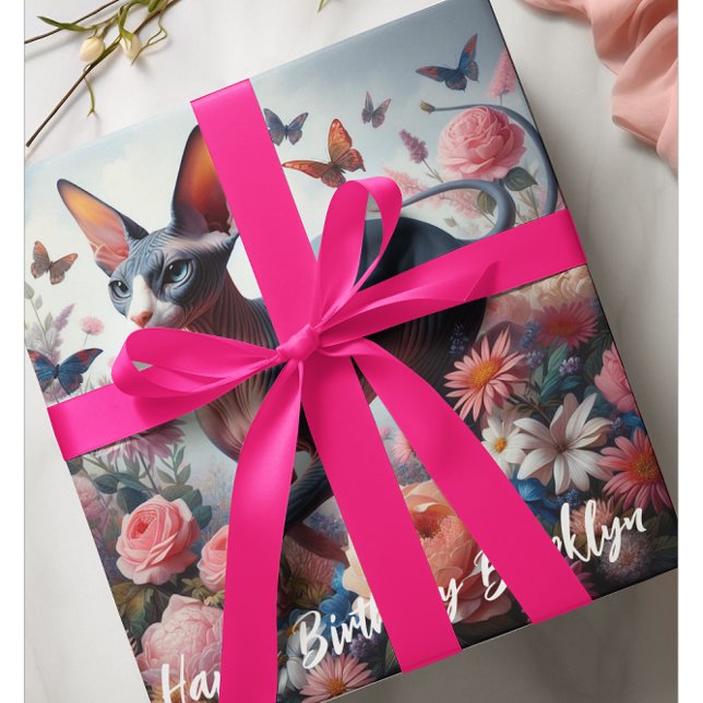 Beautiful Sphynx Cat & Flowers Birthday Wrapping Paper (Creator Uploaded)