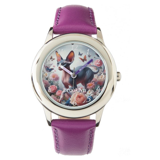 Beautiful Sphynx Cat & Flowers Watch (Front)