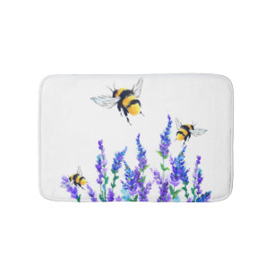 Beautiful Spring Flowers and Bees Flying - Drawing Bath Mat