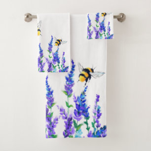 Beautiful Spring Flowers and Bees Flying - Drawing Bath Towel Set