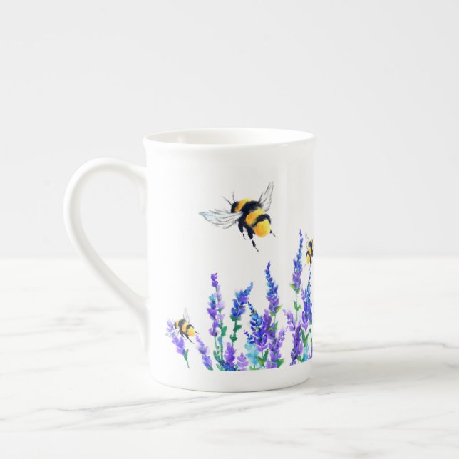 Beautiful Spring Flowers and Bees Flying - Drawing Bone China Mug (Left)