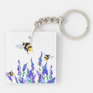 Beautiful Spring Flowers and Bees Flying - Drawing Keychain
