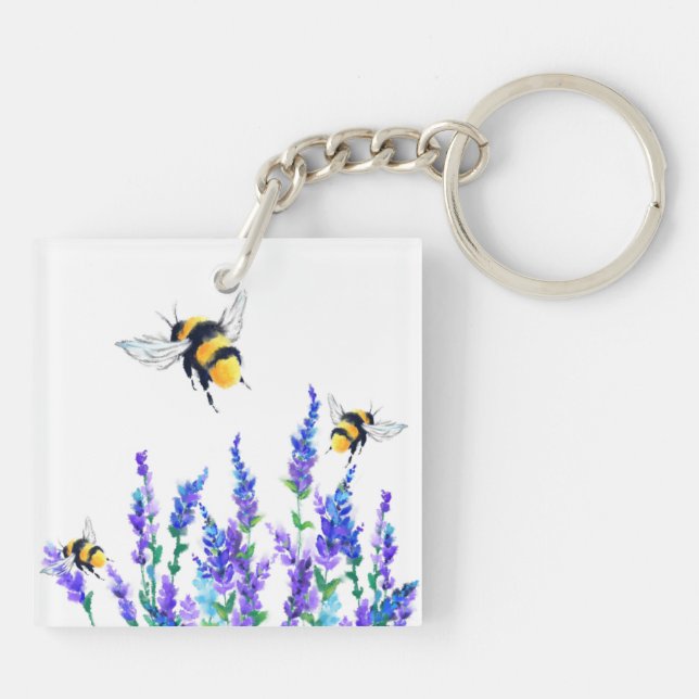Beautiful Spring Flowers and Bees Flying - Drawing Keychain (Back)
